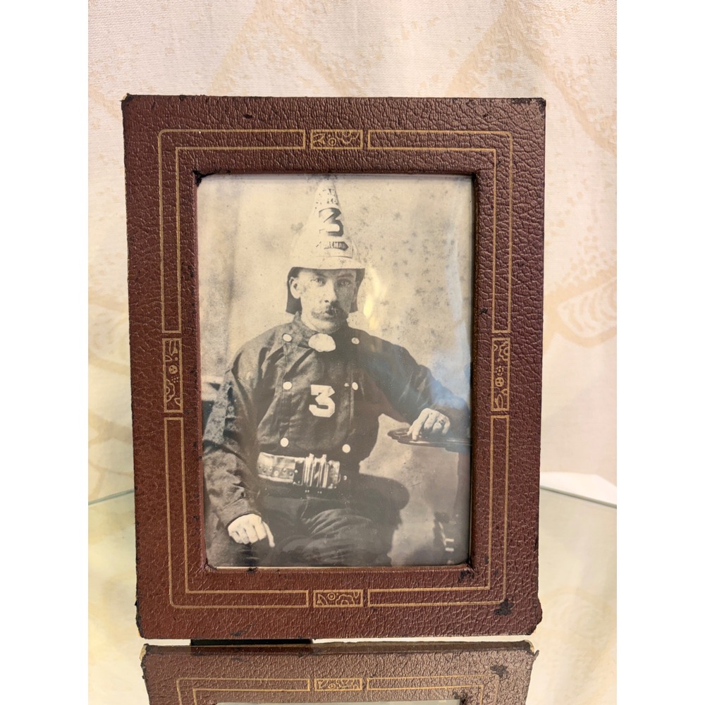 Antique Firefighter Station 3 Cabinet Card Photo in Gold Gilt Leather Frame